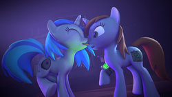 Size: 1191x670 | Tagged: safe, artist:kit1212, oc, oc only, oc:homage, oc:littlepip, pony, unicorn, fallout equestria, 3d, book, cutie mark, eyes closed, fanfic, fanfic art, female, hooves, horn, lesbian, licking, mare, oc x oc, open mouth, pipbuck, raised hoof, ship:pipmage, shipping, source filmmaker, tongue out, wallpaper