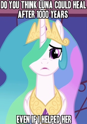 Size: 508x720 | Tagged: safe, princess celestia, g4, exploitable meme, image macro, meme, regretful celestia, sad