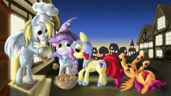 Size: 3000x1688 | Tagged: dead source, safe, artist:dcencia, apple bloom, derpy hooves, scootaloo, sweetie belle, earth pony, pony, g4, bipedal, clothes, costume, cutie mark crusaders, hat, laughing, muffin, nightmare night