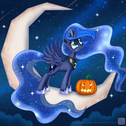 Size: 800x800 | Tagged: safe, artist:swanlullaby, princess luna, g4, female, jack-o-lantern, moon, pumpkin, solo, tangible heavenly object