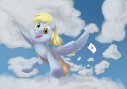 Size: 1200x840 | Tagged: safe, artist:thatasianmike, derpy hooves, pegasus, pony, g4, female, flying, letter, mailbag, mare, smiling, solo