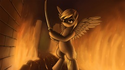 Size: 1920x1080 | Tagged: safe, artist:lurarin, derpy hooves, pony, g4, bipedal, derp, epic derpy, female, fire, katana, looking at you, serious face, solo, spread wings, sword, wallpaper, weapon