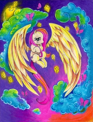 Size: 1672x2197 | Tagged: safe, artist:psychoinabox, fluttershy, butterfly, g4, cloud, cloudy, female, large wings, long tail, solo, traditional art