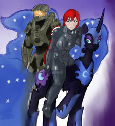 Size: 1079x1188 | Tagged: safe, artist:magello, nightmare moon, human, g4, color, commander shepard, crossover, femshep, group, halo (series), mass effect, master chief, riding