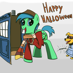 Size: 1100x1100 | Tagged: safe, artist:varemia, oc, oc only, dog, clothes, costume, doctor who, fourth doctor, halloween, hat, k-9, open mouth, scarf, tardis