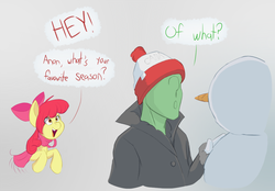 Size: 1100x765 | Tagged: safe, artist:adequality, artist:jalm, apple bloom, oc, oc:anon, earth pony, human, pony, g4, anon in equestria, christmas, duo, foal, funny as hell, misunderstanding, question, snowman