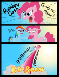 Size: 2552x3320 | Tagged: safe, artist:blood-asp0123, pinkie pie, rainbow dash, earth pony, pony, g4, confused, explosion, female, floppy ears, grab my meme, high res, hoofs up, mare, meme, pink rainbow, pinkie boom, raised hoof, screaming, sonic pie boom, sonic pink boom, sonic rainboom, sun, whooooo