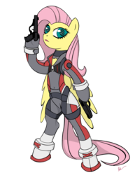 Size: 786x1016 | Tagged: safe, artist:shadawg, fluttershy, g4, amanda werner, blassreiter, clothes, crossover, female, flutterbadass, gun, pistol, solo