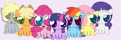 Size: 943x309 | Tagged: safe, artist:php199, applejack, derpy hooves, fluttershy, pinkie pie, rainbow dash, rarity, twilight sparkle, pegasus, pony, g4, cute, female, mane six, mare, simple background