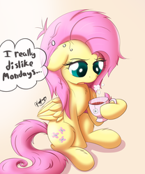 Size: 2500x3000 | Tagged: safe, artist:bugplayer, fluttershy, pegasus, pony, g4, chinese, cup, female, floppy ears, high res, mare, messy mane, monday, morning ponies, open mouth, simple background, sitting, solo, tea, thought bubble