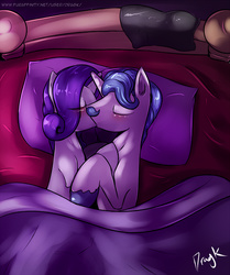 Size: 1674x2000 | Tagged: safe, artist:dragk, fancypants, rarity, g4, bed, blushing, commission, eyes closed, female, kissing, male, ship:raripants, shipping, straight