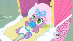 Size: 1920x1080 | Tagged: safe, edit, edited screencap, screencap, spike, dragon, g4, the ticket master, baby, bonnet, diaper, diaper edit, disguise, male, pacifier, solo, stroller