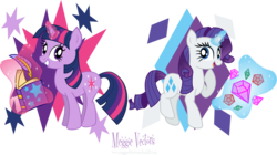 Size: 6232x3486 | Tagged: safe, artist:meganlovesangrybirds, rarity, twilight sparkle, g4, book, gem, magic, quill