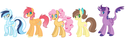 Size: 3524x1068 | Tagged: safe, artist:le-poofe, oc, oc only, oc:anna ambrosia, oc:juniper, oc:light speed, oc:magenta meringue, oc:onyx, dracony, earth pony, hybrid, pegasus, pony, female, interspecies offspring, line-up, male, next generation, offspring, parent:applejack, parent:big macintosh, parent:caramel, parent:cheese sandwich, parent:fluttershy, parent:pinkie pie, parent:rainbow dash, parent:rarity, parent:soarin', parent:spike, parents:carajack, parents:cheesepie, parents:fluttermac, parents:soarindash, parents:sparity