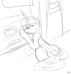 Size: 2221x2299 | Tagged: safe, artist:patch, princess celestia, alicorn, pony, g4, bakery, belly, cake, cakelestia, eyes on the prize, female, frown, high res, mare, monochrome, open mouth, preglestia, pregnancy cravings, pregnant, sad, sitting, sketch, solo