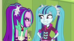 Size: 1280x720 | Tagged: safe, edit, screencap, aria blaze, sonata dusk, equestria girls, g4, my little pony equestria girls: rainbow rocks, alternate hairstyle, annoyed, faic, frown, glare, grin, gritted teeth, smiling, wide eyes