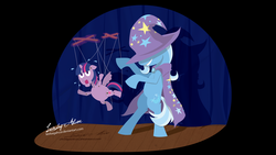 Size: 1920x1080 | Tagged: safe, artist:leirbagahcor, trixie, twilight sparkle, alicorn, pony, g4, female, magic, magic show, mare, marionette, puppet, puppet theater, smiling, stage, toy, twilight sparkle (alicorn)