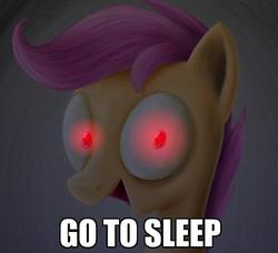 Size: 500x456 | Tagged: safe, artist:melancholy, scootaloo, g4, creepy, evil scootaloo, female, glowing eyes, go to sleep, nightmare fuel, solo