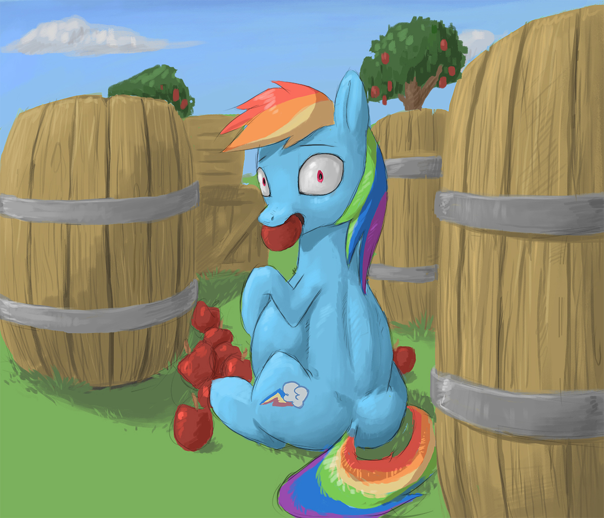 #750716 - safe, artist:difetra, rainbow dash, apple, barrel, belly, caught,...