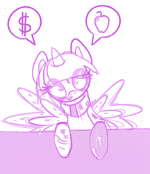 Size: 637x738 | Tagged: safe, artist:miroslav46, twilight sparkle, alicorn, pony, g4, apple, begging, clothes, dialogue, dollar sign, female, homeless, homeless twilight, mare, pictogram, sad, scarf, smiling, socks, twilight sparkle (alicorn)