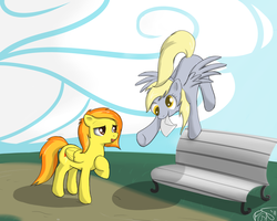 Size: 2500x2000 | Tagged: safe, artist:theparagon, derpy hooves, spitfire, pegasus, pony, g4, bench, female, high res, letter, mare, mouth hold