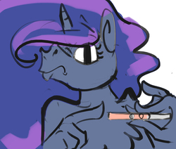 Size: 1000x848 | Tagged: safe, artist:alumx, princess luna, anthro, lunadoodle, g4, female, frown, looking at you, meme, pointing, pregnancy test, pregnancy test meme, solo