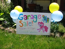 Size: 1024x768 | Tagged: safe, pinkie pie, rainbow dash, g4, garage sale, photo, sign