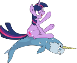 Size: 3515x2911 | Tagged: safe, artist:coinpo, twilight sparkle, narwhal, pony, unicorn, g4, flying, happy, high res, riding, unicorn twilight