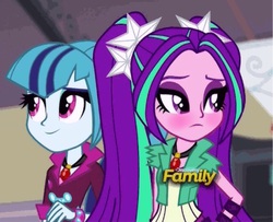 Size: 2220x1800 | Tagged: safe, edit, screencap, aria blaze, sonata dusk, equestria girls, g4, my little pony equestria girls: rainbow rocks, blushing, discovery family, discovery family logo, female, lesbian, ship:arisona, shipping, tsundaria, tsundere