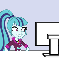 Size: 600x600 | Tagged: safe, sonata dusk, equestria girls, g4, my little pony equestria girls: rainbow rocks, computer, desk, female, grin, reaction image, smiling, solo