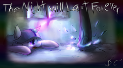 Size: 2513x1401 | Tagged: safe, artist:qicop, nightmare moon, twilight sparkle, friendship is magic, g4, my little pony: friendship is magic, elements of harmony, pixiv, scene interpretation