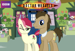 Size: 1920x1324 | Tagged: safe, artist:ryan1942, doctor whooves, roseluck, time turner, earth pony, pony, g4, crossover, doctor who, duo, female, logo, male, necktie, ponified, ship:doctorrose, shipping, straight, tardis, the doctor, wink