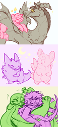 Size: 738x1602 | Tagged: safe, artist:skelefrog, discord, pinkie pie, clefairy, gengar, g4, crossover, doodles, female, male, pokémon, ship:discopie, shipping, straight