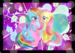 Size: 1024x722 | Tagged: dead source, safe, artist:vixelzf, fluttershy, rainbow dash, g4, eye contact, female, lesbian, ship:flutterdash, shipping, wallpaper