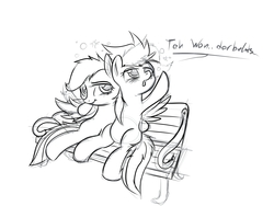 Size: 4000x3000 | Tagged: safe, artist:bluestreakfus, rainbow dash, spitfire, g4, bench, drunk, drunker dash, monochrome, sketch