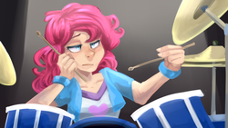 Size: 1280x720 | Tagged: safe, artist:facerenon, pinkie pie, human, equestria girls, rainbow rocks, beautiful, bored, drums, female, human coloration, humanized, musical instrument, pinkie pie is not amused, scene interpretation, solo, unamused, wallpaper