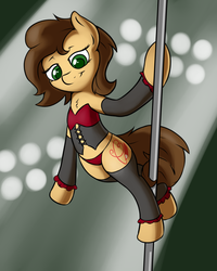 Size: 1500x1875 | Tagged: safe, artist:fearingfun, oc, oc only, oc:penn name, pony, clothes, corset, female, panties, pole dancing, solo, stripper pole, underwear