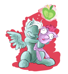 Size: 2845x3088 | Tagged: safe, artist:owlvortex, big macintosh, fleetfoot, earth pony, pony, g4, female, high res, hug, male, pinkie pie plushie, plushie, ship:fleetmac, shipping, simple background, stallion, straight, transparent background