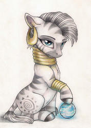 Size: 500x702 | Tagged: safe, artist:dearmary, zecora, zebra, g4, crystal ball, female, looking at you, solo, traditional art