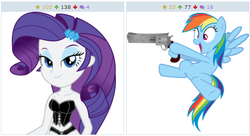 Size: 511x277 | Tagged: safe, rainbow dash, rarity, derpibooru, equestria girls, g4, exploitable meme, gun, juxtaposition, juxtaposition win, meme, meta, pistol