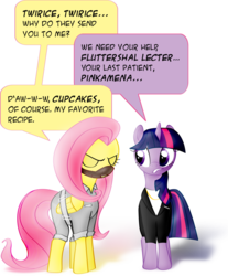 Size: 812x983 | Tagged: safe, artist:nicolaykoriagin, fluttershy, twilight sparkle, ambiguous race, pegasus, pony, g4, bound wings, clothes, crossover, hannibal, muzzle, silence of the lambs, straitjacket