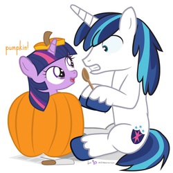 Size: 880x880 | Tagged: safe, artist:dm29, shining armor, twilight sparkle, pony, unicorn, g4, cute, duo, female, filly, filly twilight sparkle, gritted teeth, halloween, julian yeo is trying to murder us, knife, pumpkin, spoon, surprised, twiabetes, wide eyes, younger