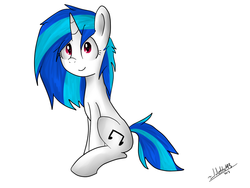 Size: 1024x768 | Tagged: safe, artist:jayivee, dj pon-3, vinyl scratch, g4, female, looking at you, simple background, sitting, solo