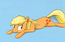 Size: 500x325 | Tagged: safe, artist:el-yeguero, applejack, g4, female, loose hair, lying down, missing accessory, prone, solo, sploot