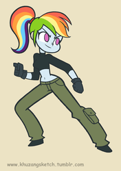 Size: 1200x1700 | Tagged: safe, artist:khuzang, rainbow dash, equestria girls, g4, >:), action pose, alternate hairstyle, beige background, belly button, cargo pants, clenched fist, clothes, crossover, female, gloves, kim possible, looking offscreen, looking sideways, midriff, no pupils, pants, ponytail, scrunchie, shirt, shoes, simple background, smiling, solo