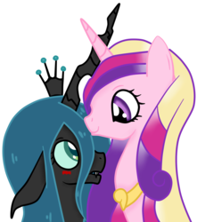 Size: 1482x1680 | Tagged: dead source, safe, artist:ashourii, princess cadance, queen chrysalis, alicorn, changeling, changeling queen, g4, female, lesbian, ship:cadalis, shipping