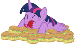 Size: 5367x3127 | Tagged: dead source, safe, artist:sir-teutonic-knight, twilight sparkle, alicorn, pony, g4, .svg available, ^^, absurd resolution, burger, eyes closed, female, food, hay burger, mare, messy eating, simple background, solo, that pony sure does love burgers, transparent background, twilight burgkle, twilight sparkle (alicorn), vector