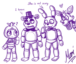 Size: 1280x1078 | Tagged: safe, artist:marindashy, fluttershy, g4, bonnie (fnaf), chica, chicashy, clothes, costume, five nights at freddy's, foxy, freddy fazbear, heart