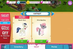 Size: 960x640 | Tagged: safe, gameloft, horte cuisine, prim hemline, savoir fare, g4, bits, canterlot, gem, heart, ios, meta, ponyville, sale