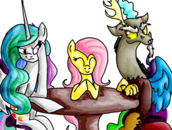 Size: 700x530 | Tagged: safe, artist:notaguitarfret, discord, fluttershy, princess celestia, g4, annoyed, implied dislestia, sitting, table, therapy